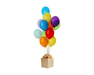 Many balloons tied to gift box on white background