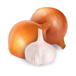 Image of Garlic and yellow onion bulbs isolated on white