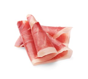 Photo of Slices of delicious jamon on white background