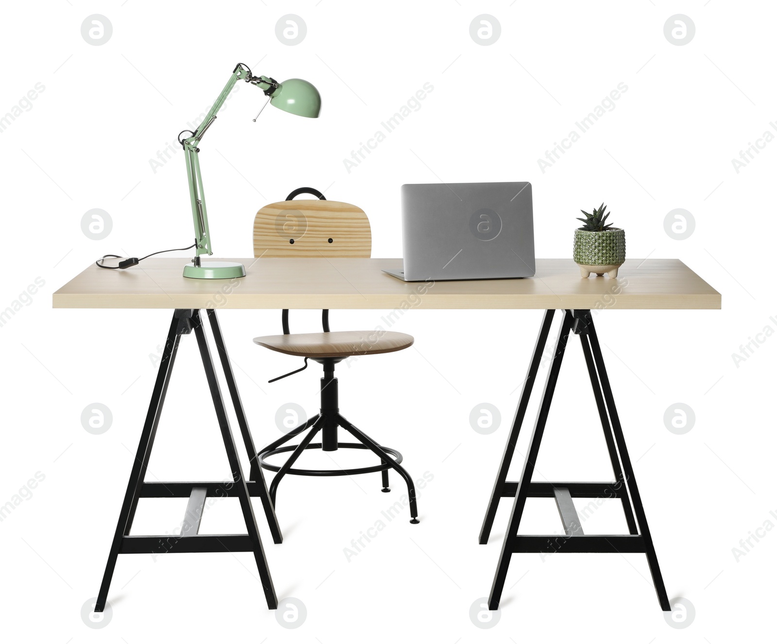 Photo of Stylish workplace with wooden desk and comfortable chair on white background