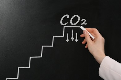 Image of Reduce carbon emissions. Woman drawing stairs and chemical formula CO2 on blackboard