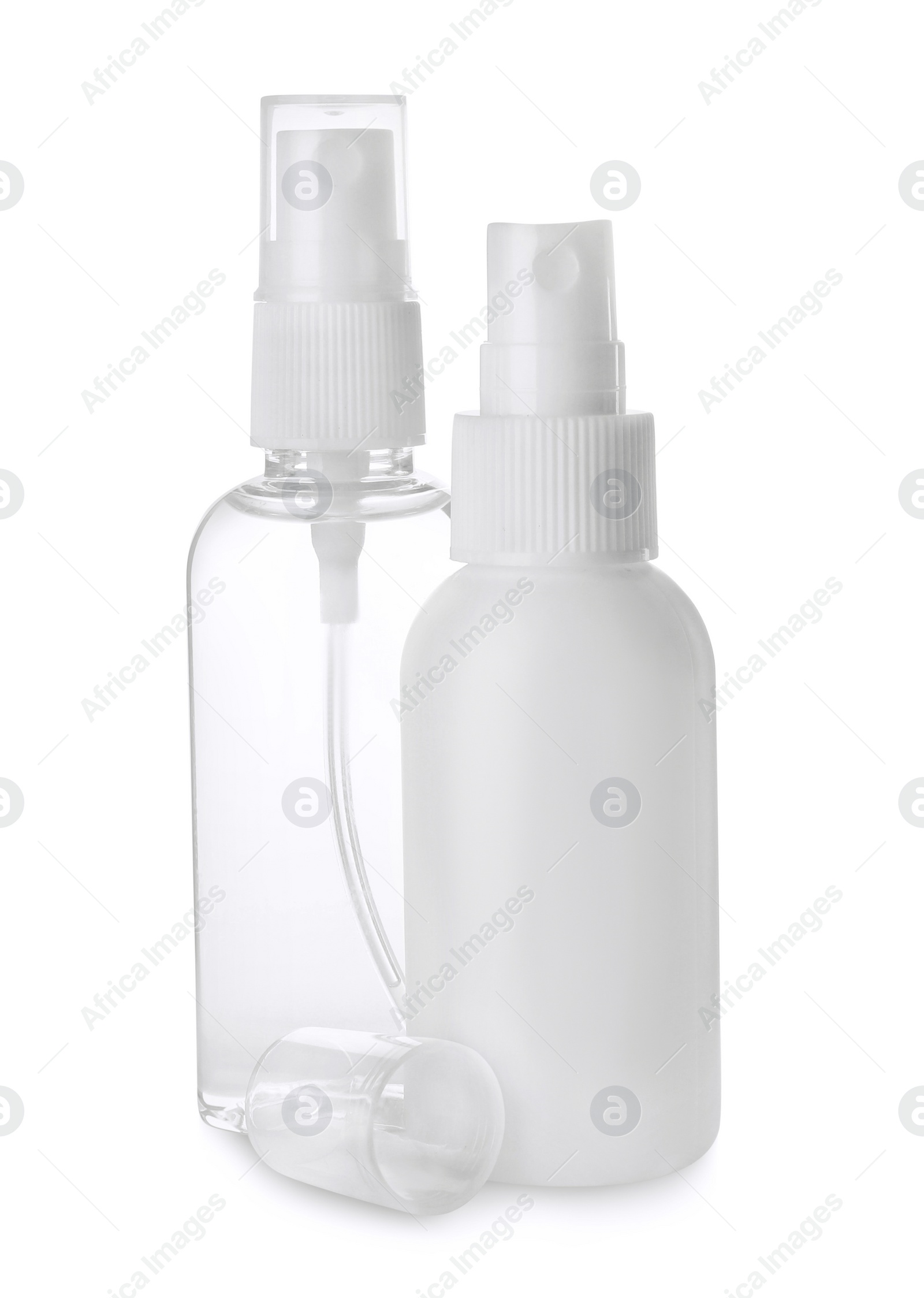 Photo of Spray bottles with antiseptic on white background