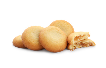 Tasty fresh shortbread cookies with filling isolated on white
