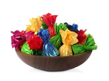 Photo of Bowl with candies in colorful wrappers isolated on white