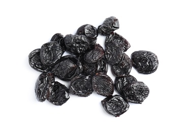 Photo of Heap of tasty prunes on white background, top view. Dried fruit as healthy snack
