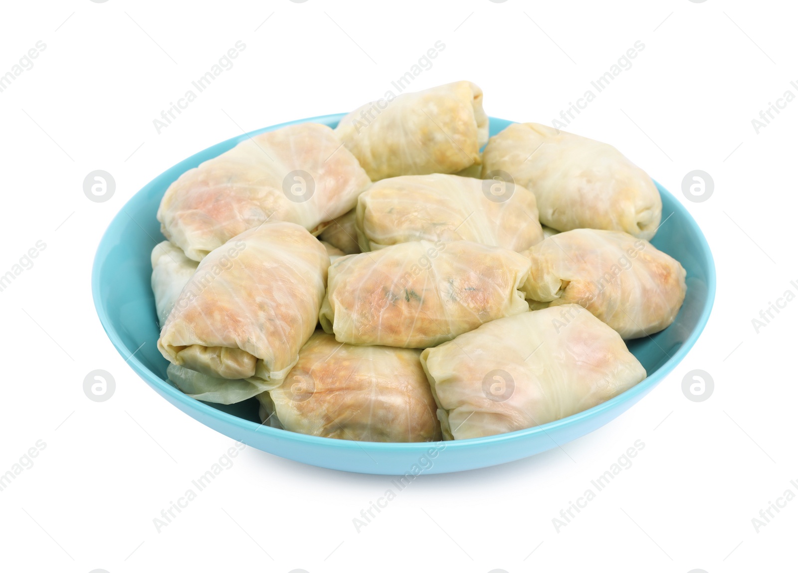 Photo of Uncooked stuffed cabbage rolls on white background