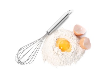Photo of Whisk and pile of flour with egg yolk isolated on white, top view
