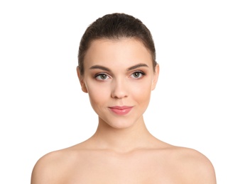 Young woman with beautiful makeup on white background. Professional cosmetic products