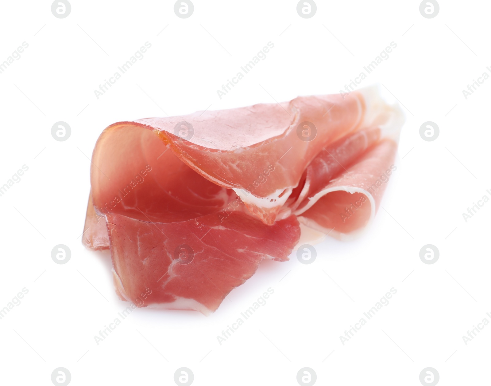 Photo of Slice of tasty prosciutto on white background