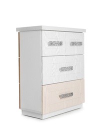 Photo of Stylish chest of drawers on white background. Furniture for wardrobe room