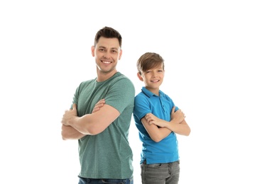 Photo of Portrait of dad and his son isolated on white