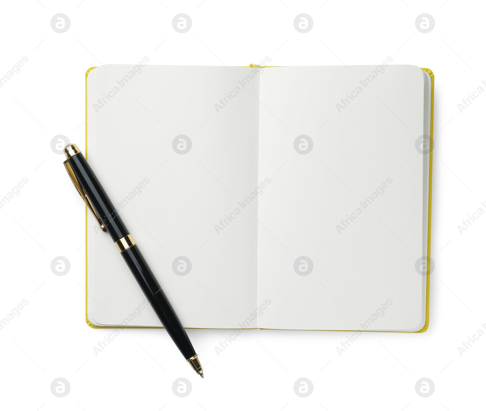 Photo of Open notebook with blank pages and pen isolated on white, top view