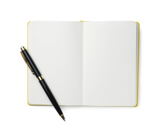 Open notebook with blank pages and pen isolated on white, top view