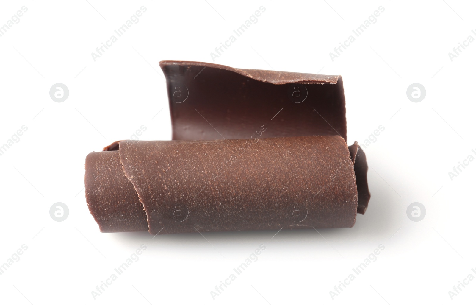 Photo of Yummy chocolate curl for decor on white background