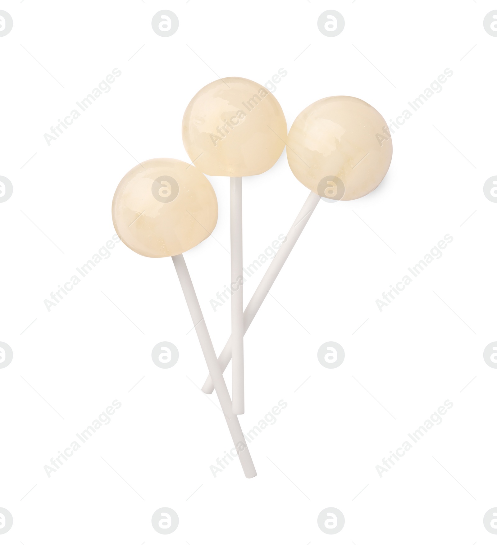 Photo of Many sweet colorful lollipops isolated on white, top view