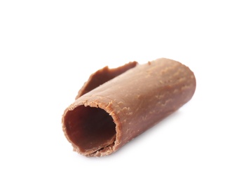 Photo of Delicious chocolate curl on white background