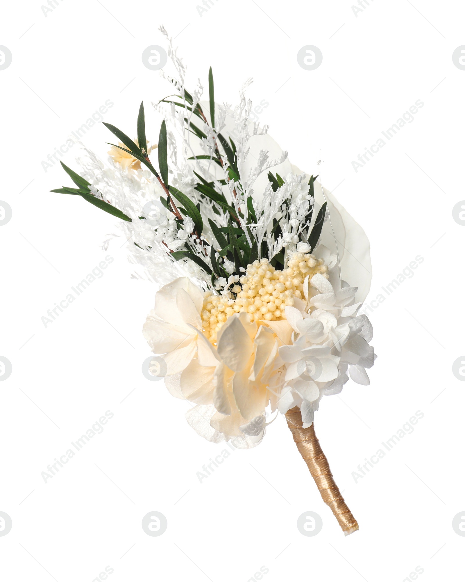 Photo of Boutonniere with beautiful flowers isolated on white