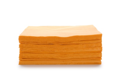 Stack of clean paper napkins on white background