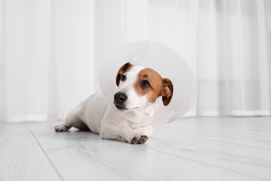 Photo of Cute Jack Russell Terrier dog wearing medical plastic collar on floor indoors