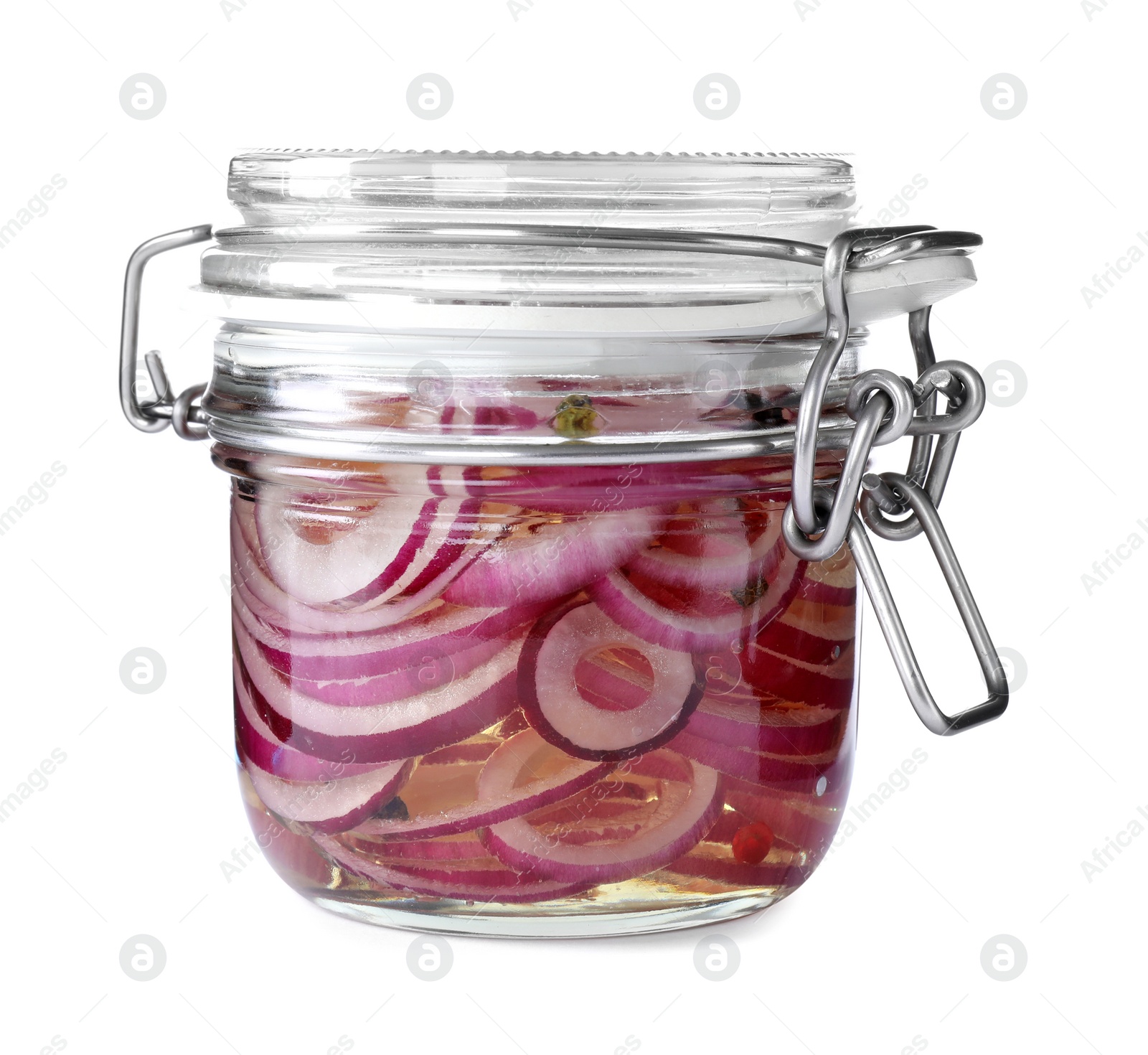 Photo of Jar of pickled onions isolated on white