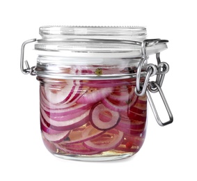 Photo of Jar of pickled onions isolated on white