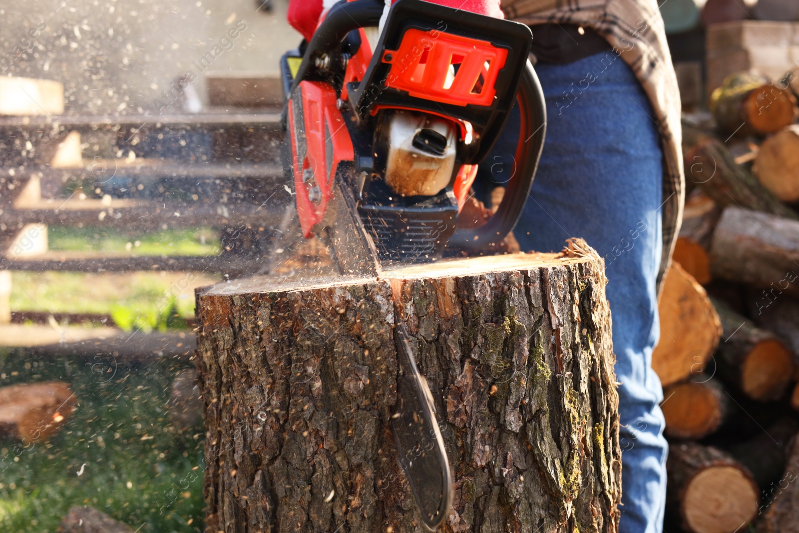 Photo of Man sawing wooden log on sunny day, closeup