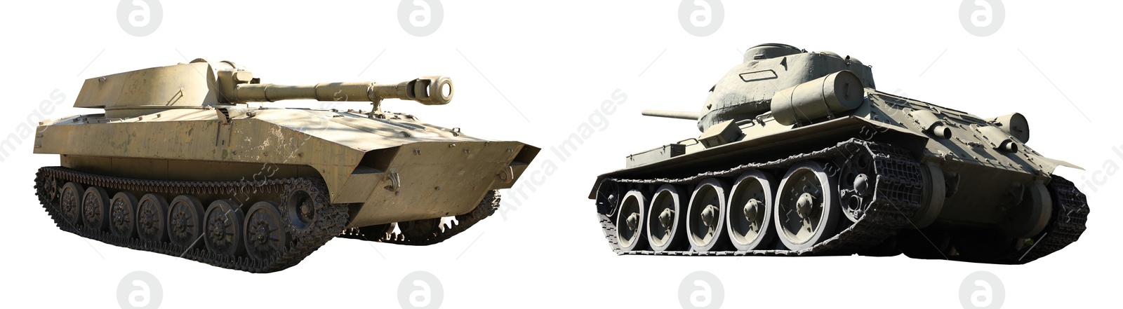 Image of Army tanks isolated on white, banner design. Military machinery