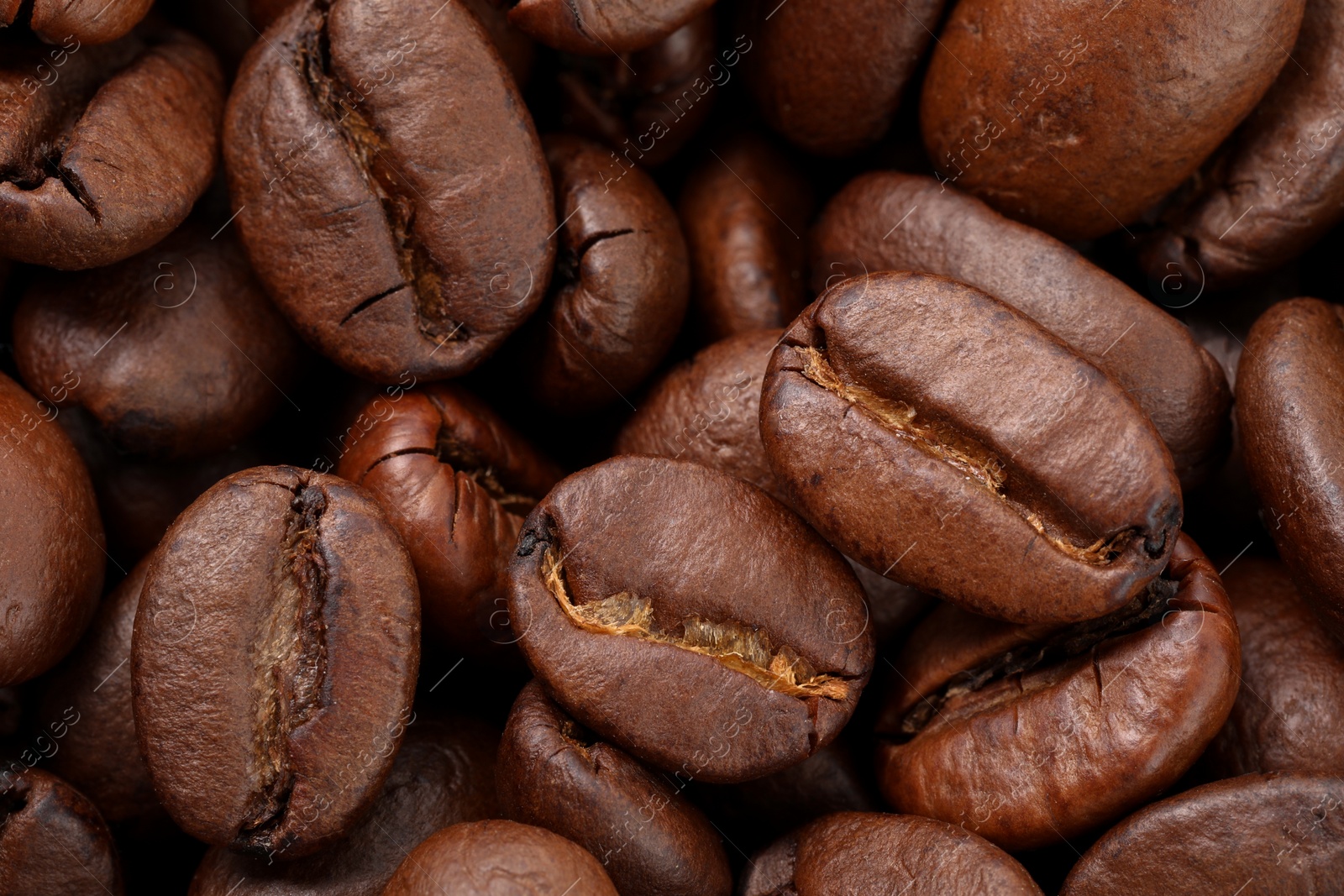 Photo of Aromatic roasted coffee beans as background, top view