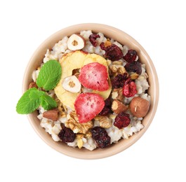 Photo of Oatmeal with freeze dried fruits, nuts and mint isolated on white, top view