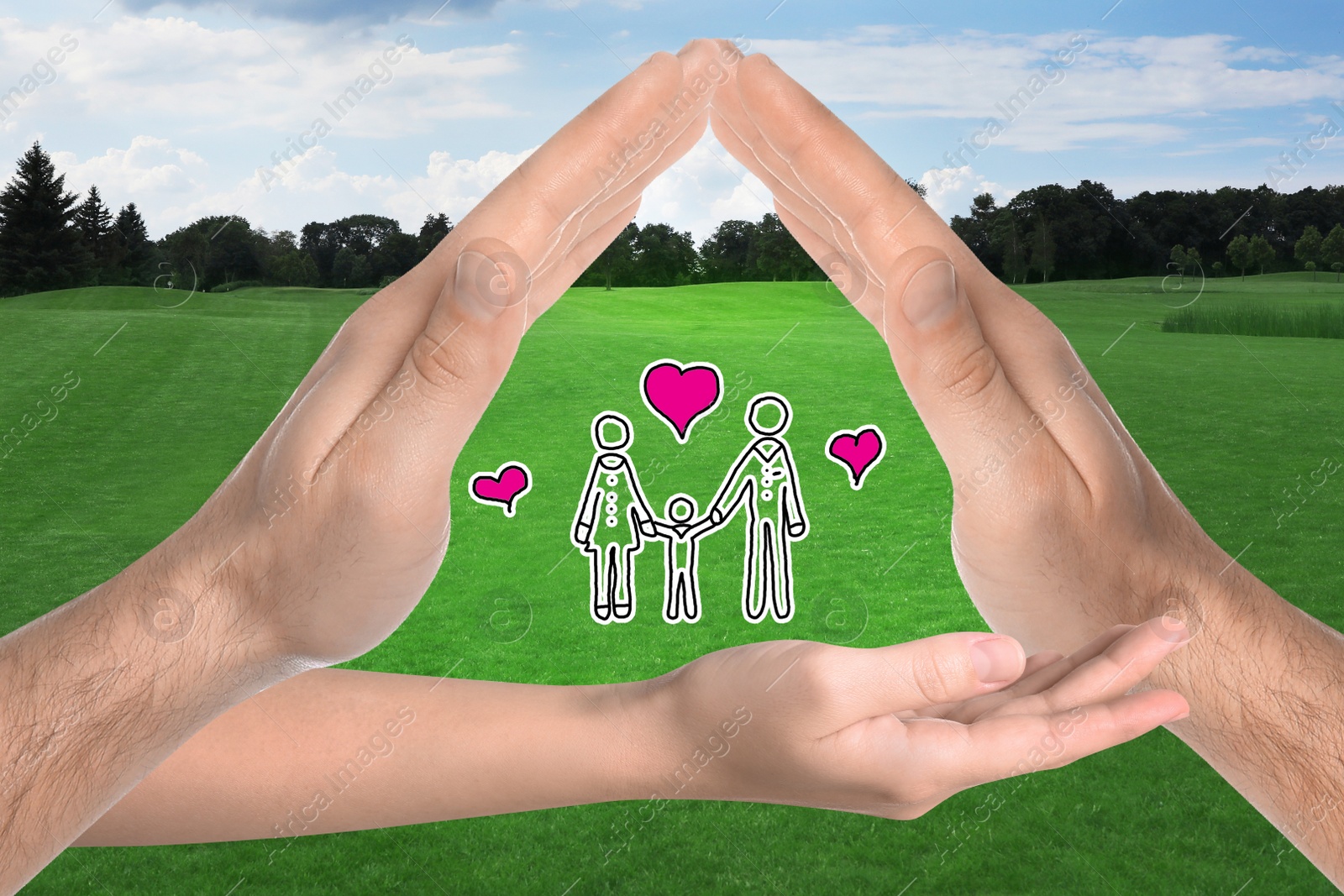 Image of People forming house with their hands and illustration of family against beautiful landscape, closeup
