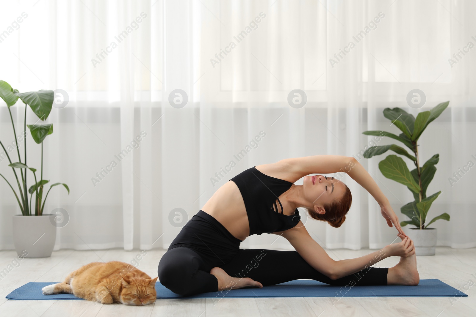 Photo of Beautiful woman with cute red cat practicing yoga on mat at home