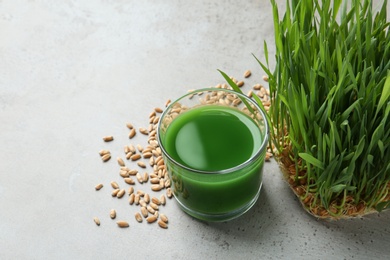 Photo of Glass of juice, sprouted wheat grass and grains on grey stone background. Space for text