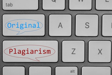 Image of Buttons with words Plagiarism and Original on keyboard, top view