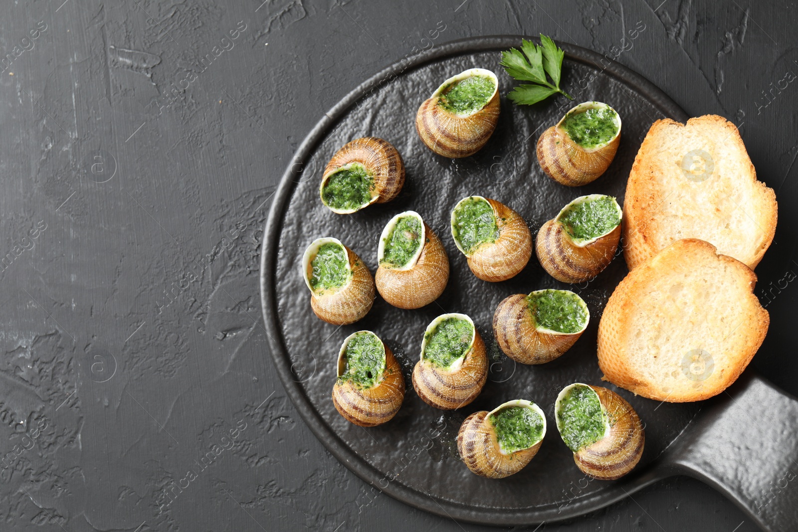 Photo of Delicious cooked snails with bread and parsley on grey textured table, top view. Space for text