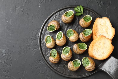 Delicious cooked snails with bread and parsley on grey textured table, top view. Space for text
