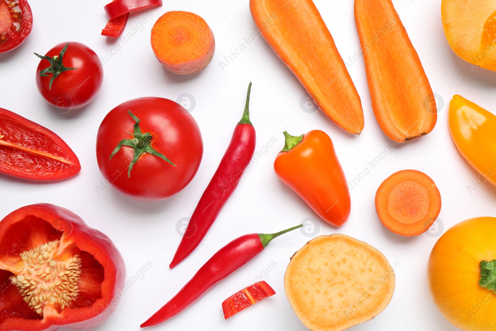 Photo of Different fresh vegetables on white background, top view