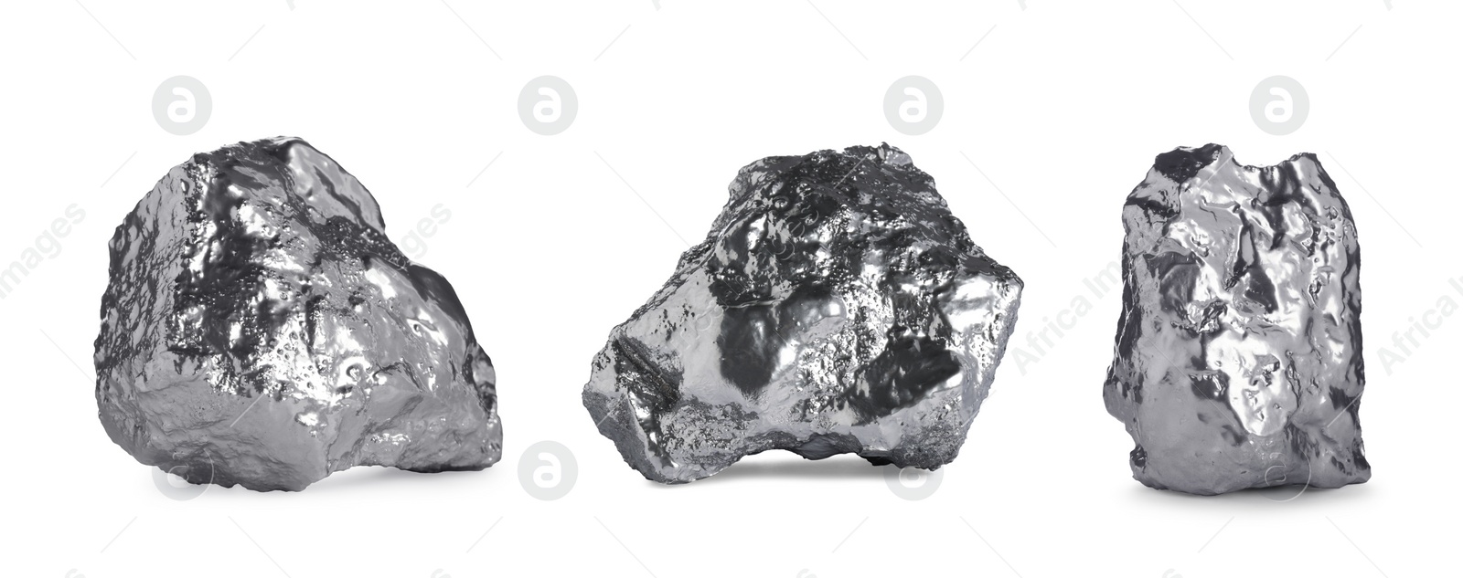 Image of Set of silver nuggets on white background