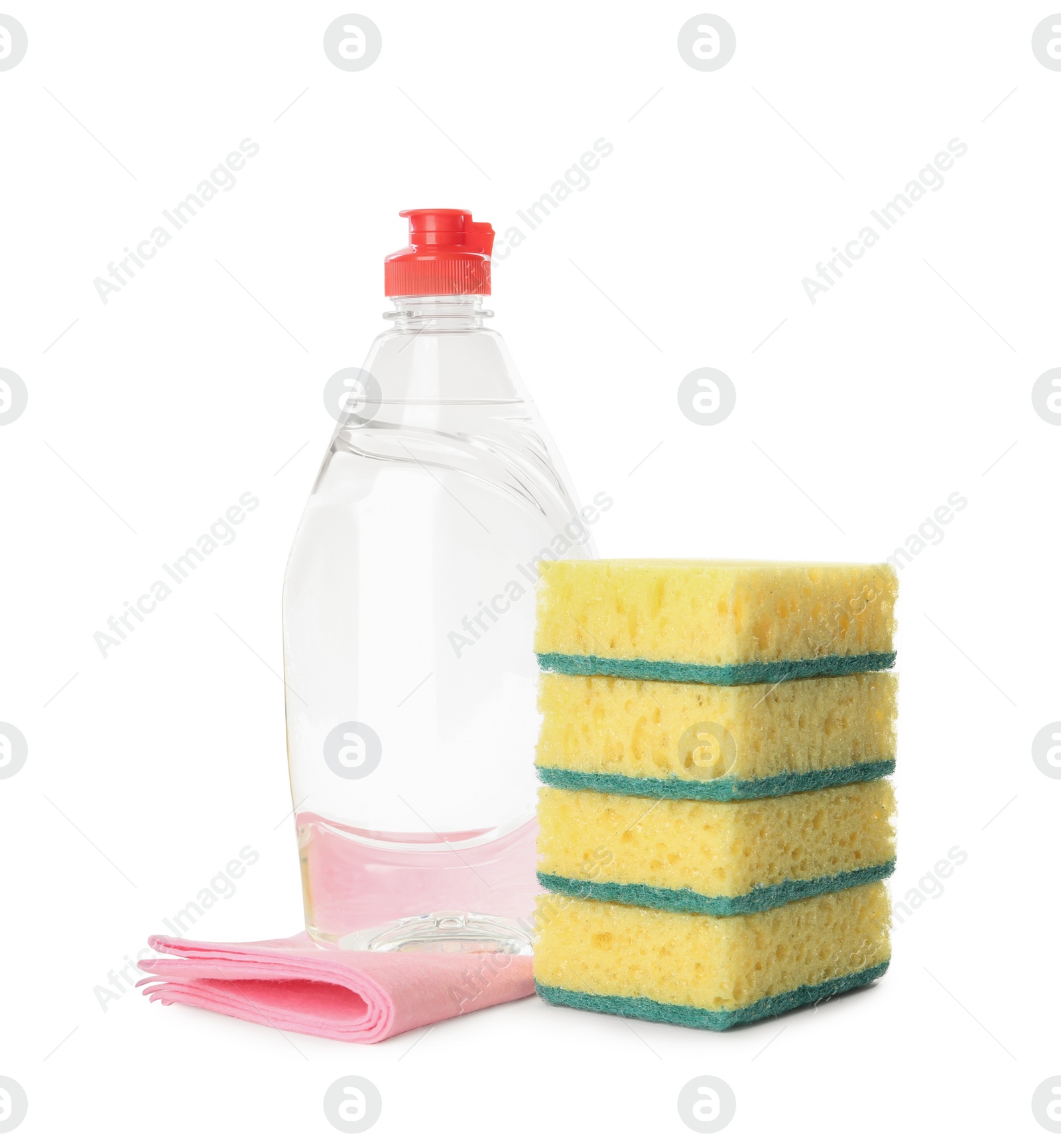 Photo of Cleaning supplies and sponges for dish washing on white background