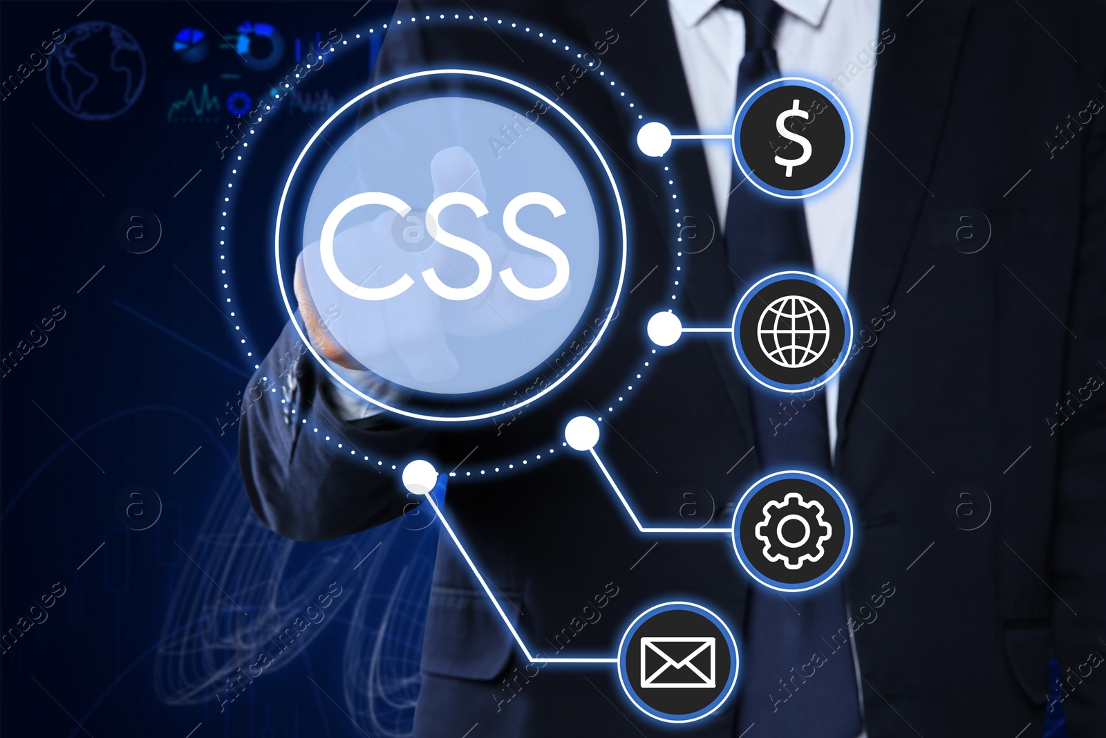 Image of Web development. Man using button CSS on virtual screen, closeup 