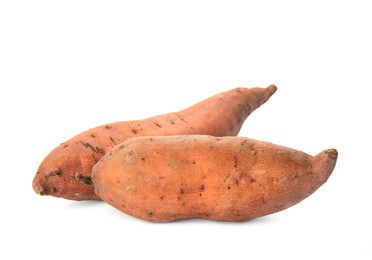 Photo of Whole ripe sweet potatoes on white background