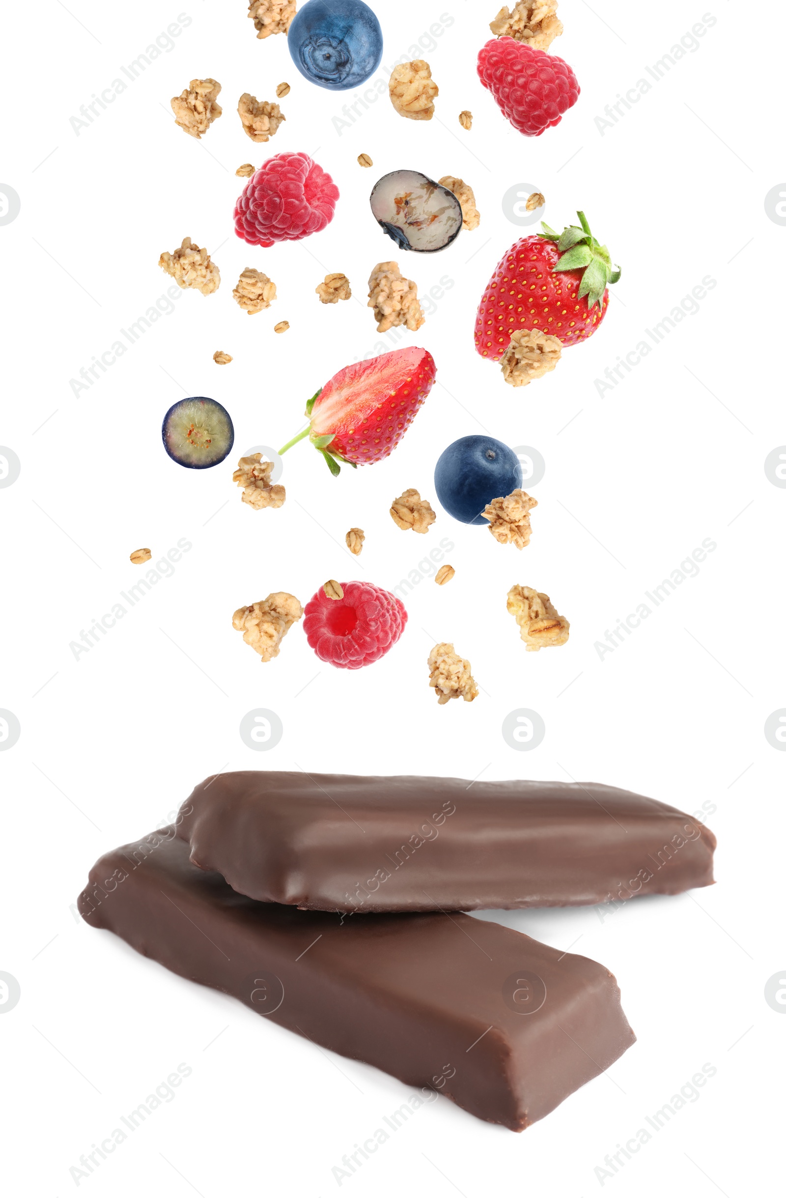 Image of Tasty chocolate glazed protein bars and granola with berries falling on white background