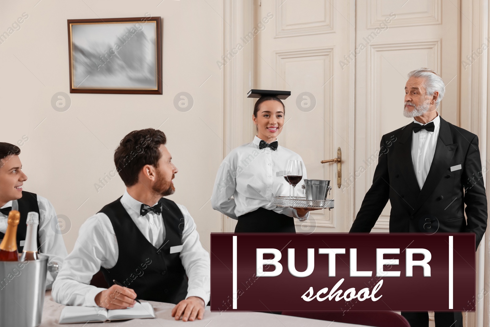 Image of Butler school. Senior man teaching trainees indoors