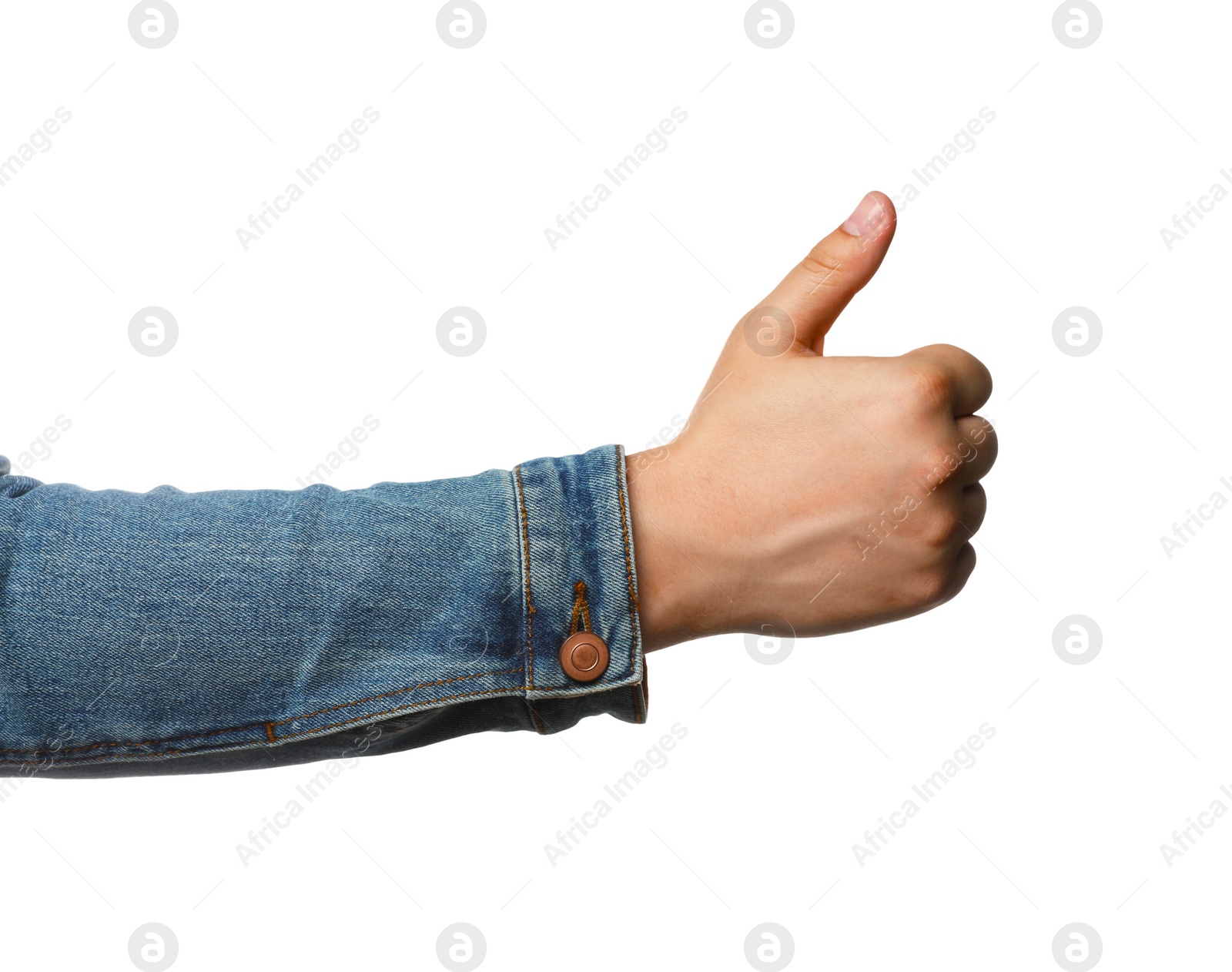 Photo of Man showing thumb up on white background, closeup of hand. Hitchhiking gesture