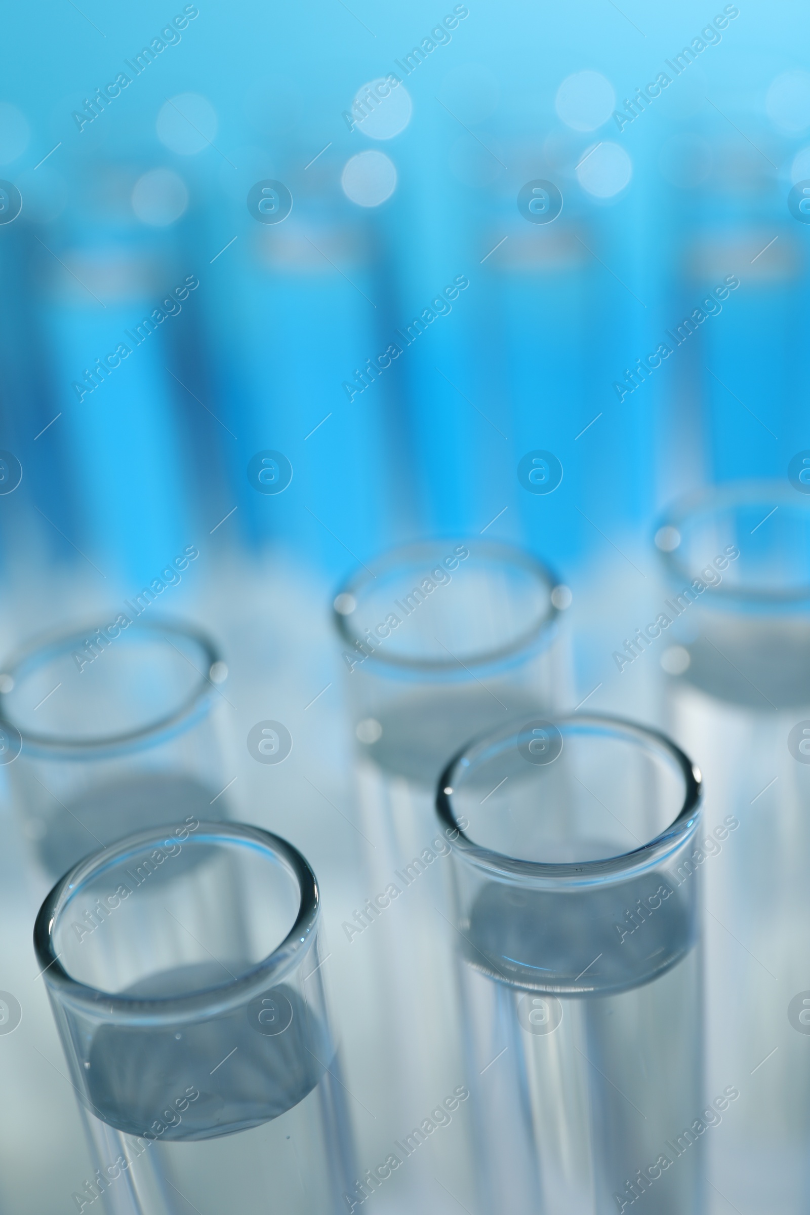 Photo of Many glass test tubes on light blue background, closeup