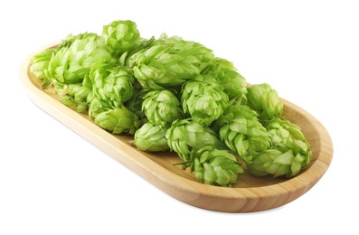 Photo of Many fresh green hops on white background