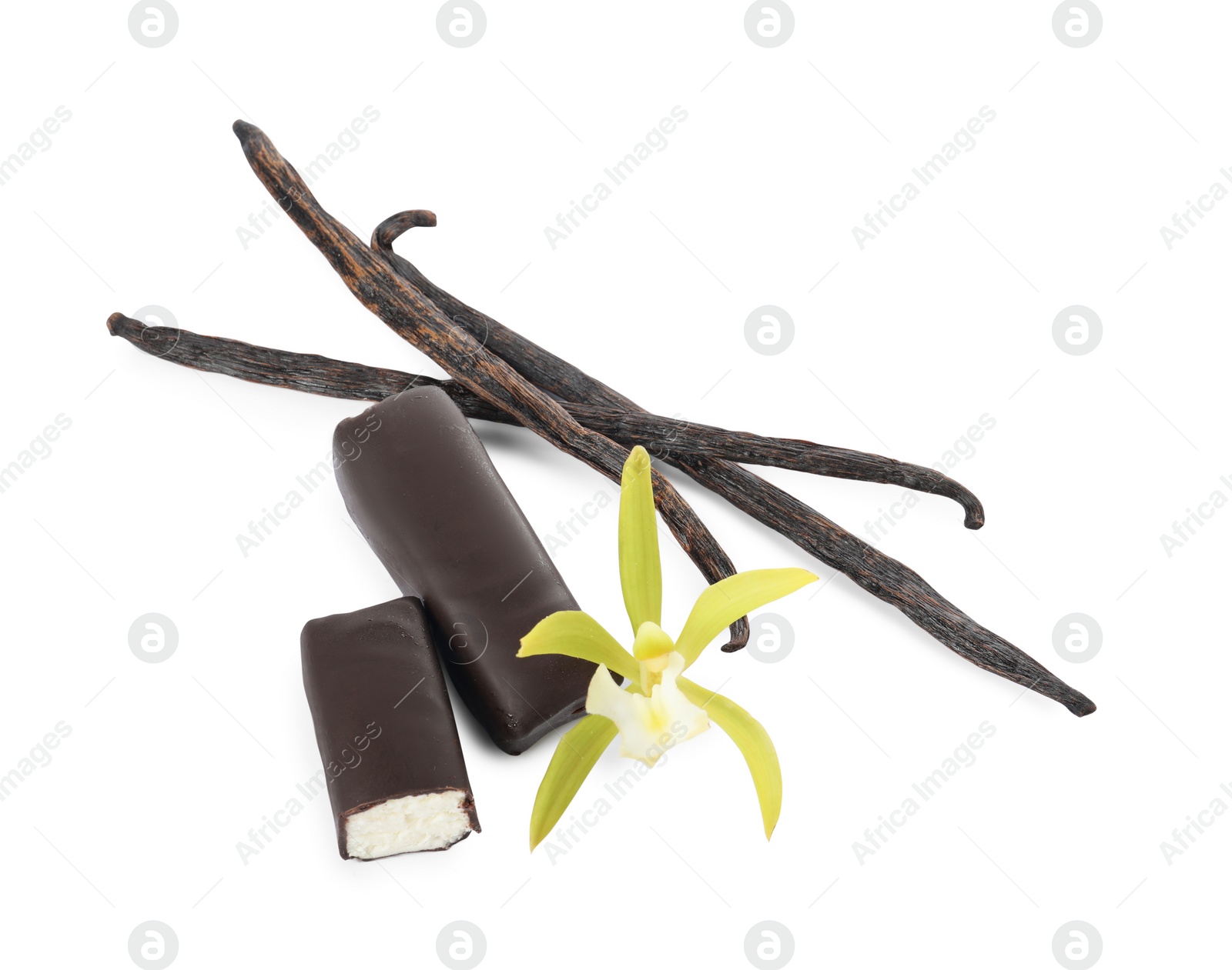 Photo of Glazed curd cheese bars, vanilla pods and flower isolated on white