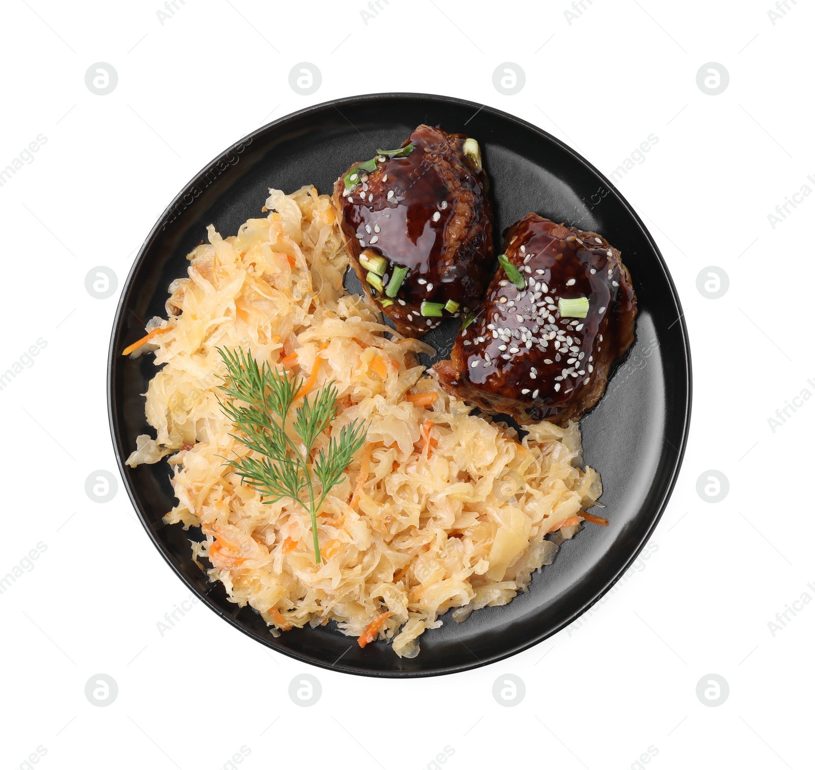 Photo of Plate with sauerkraut and chicken isolated on white, top view