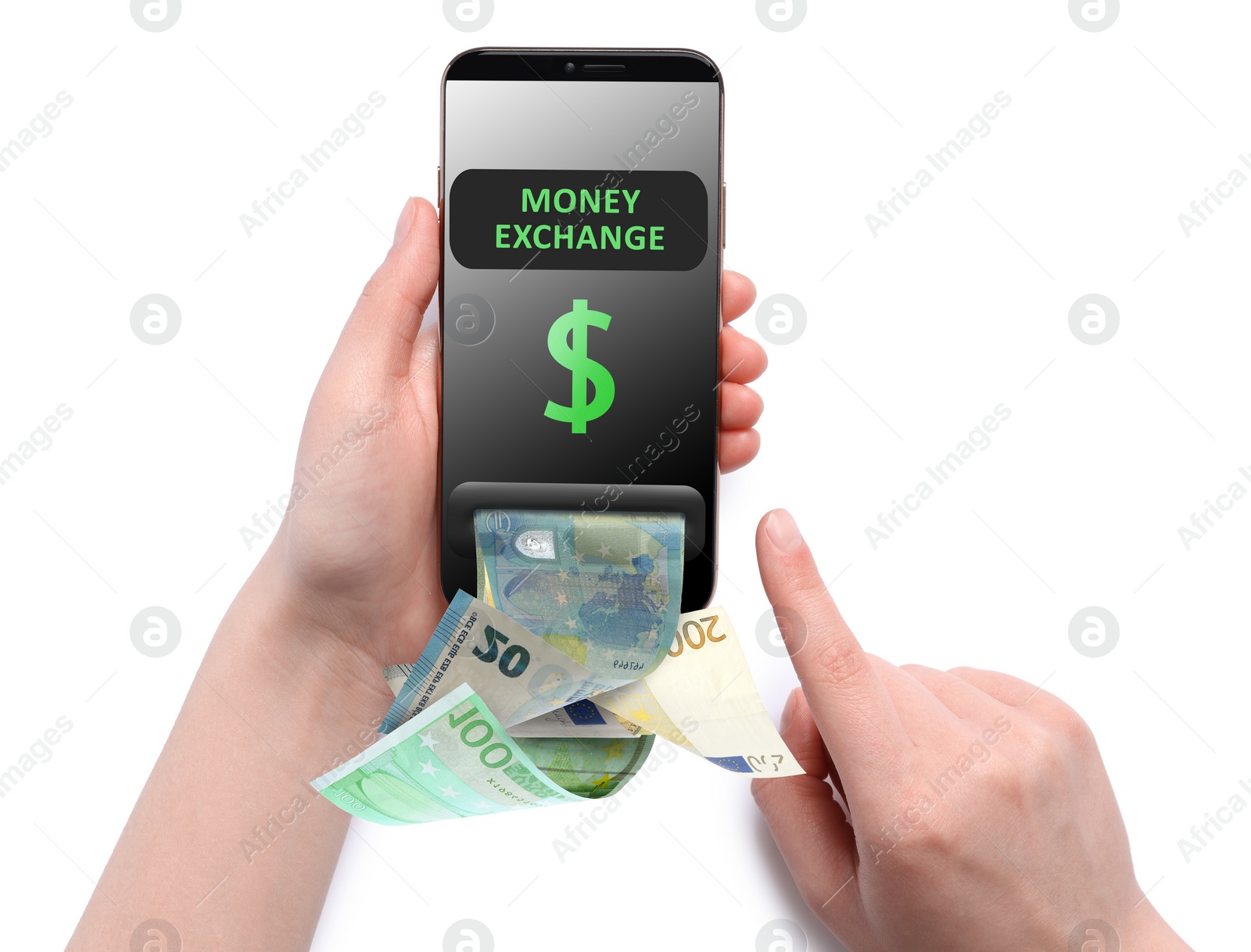 Image of Online money exchange. Woman using mobile phone on white background, closeup. Euro banknotes flying out of device screen