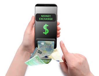 Image of Online money exchange. Woman using mobile phone on white background, closeup. Euro banknotes flying out of device screen