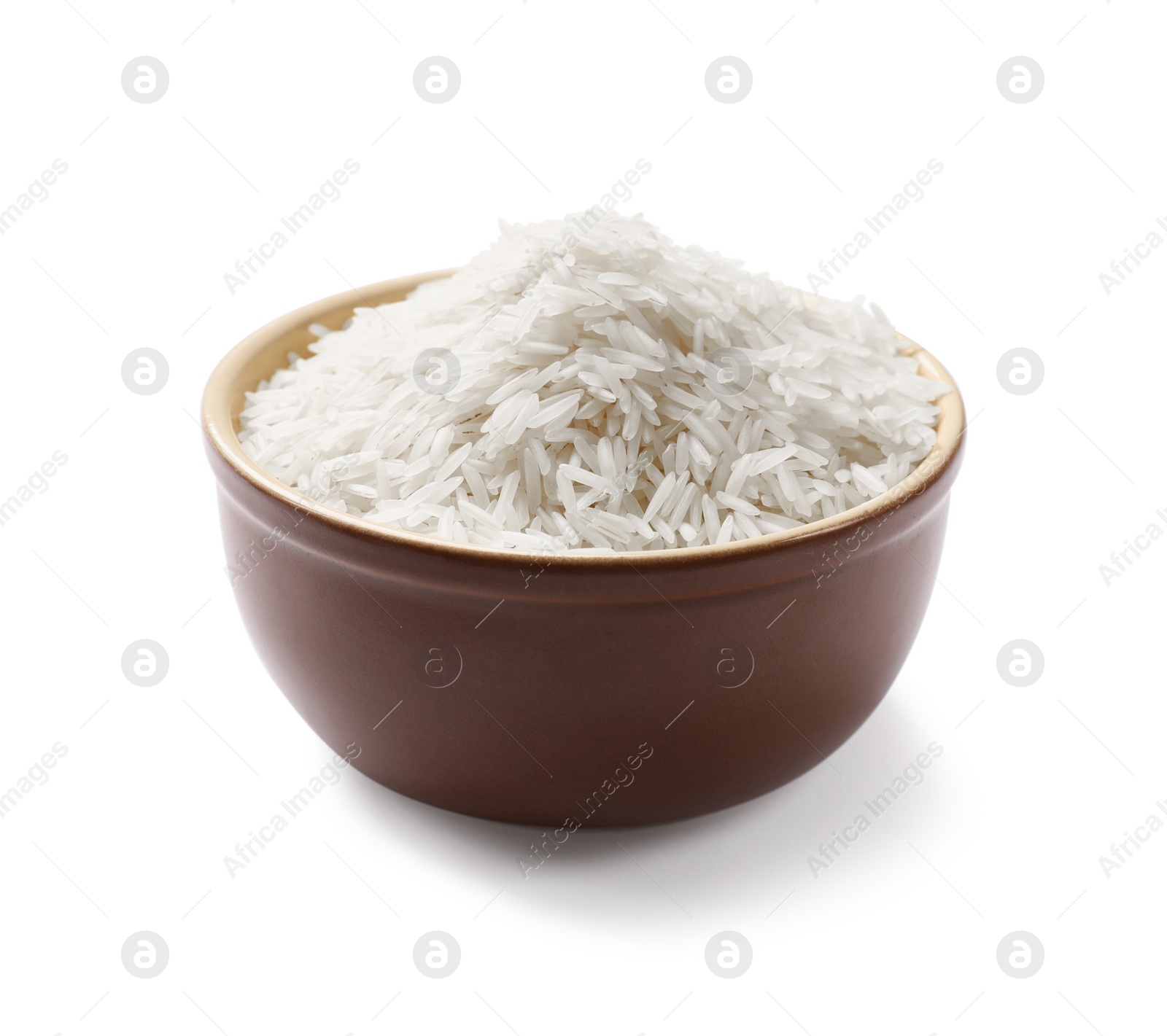 Photo of Raw basmati rice in bowl isolated on white